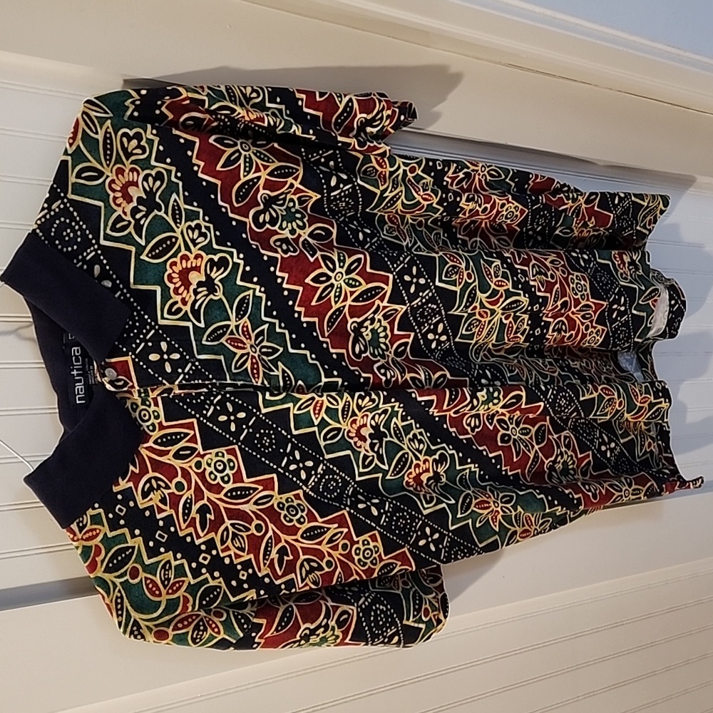 Nautica polo shirt Men's L Navy Red Green abstract floral print